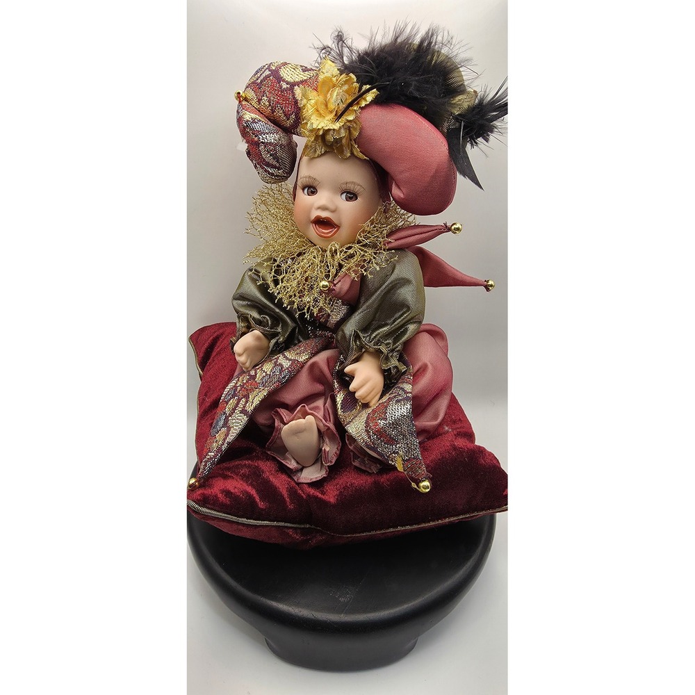 Geppeddo Cuddle Kids Porcelain Jester Doll Harlequin Burgundy Velvet Pillow Box